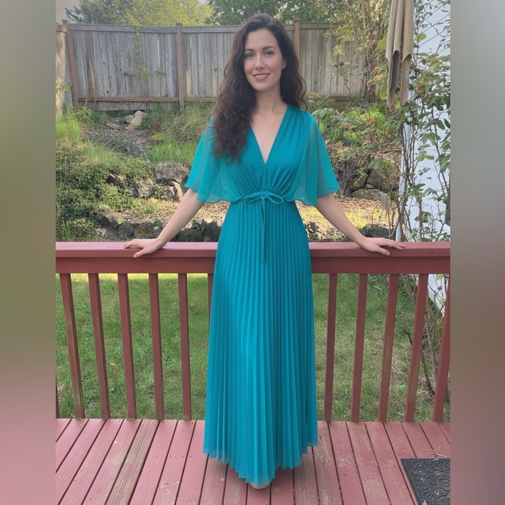 VTG 70s Teal Pleated Chiffon Maxi Dress Small